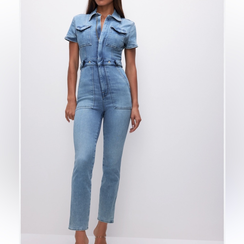 Good American Fit For Success Denim Jumpsuit Straight Leg Short Sleeves Size XXL